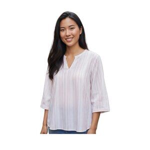 UNTUCKit Women Durfort Striped Blouse~Various~White/Peach Classic Cotton~L14 32